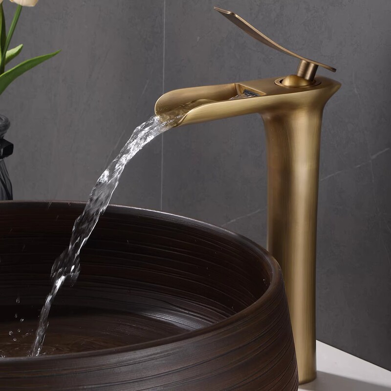 All-Copper Black Gold Platinum Sink Waterfall Faucet for Above-Counter and Under-Counter Basins, European-Style Antique Bathroom Hot and Cold Faucet