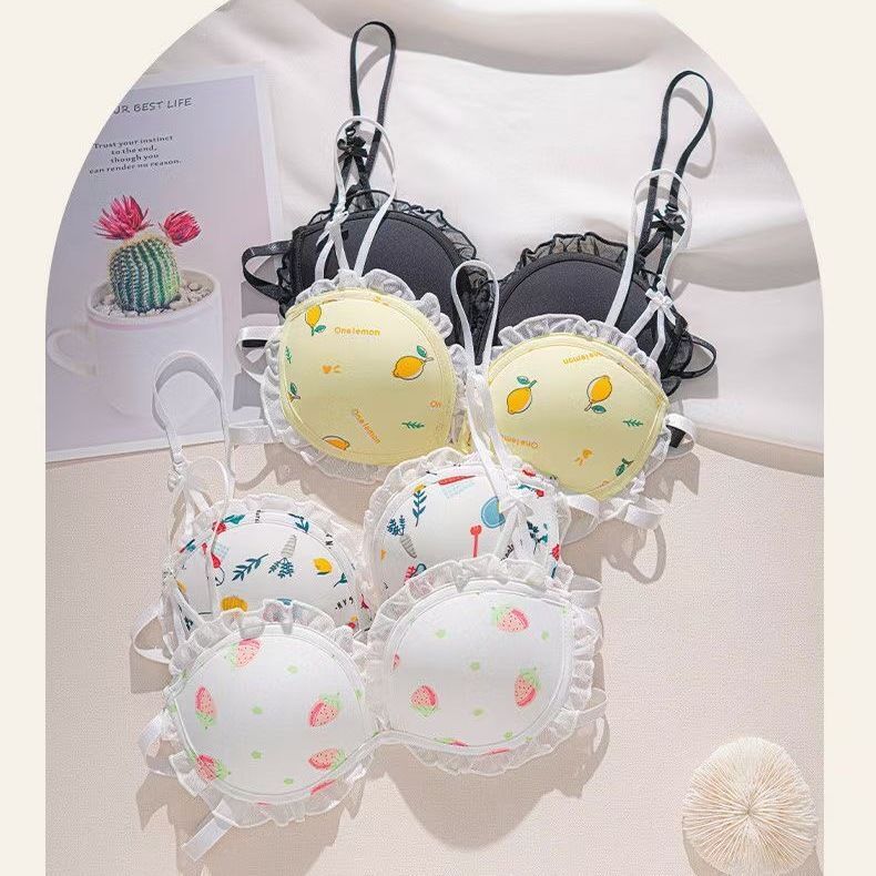 French Sweet Underwear for Women with Small Breasts, Soft Steel Ring Push-Up, Cute Printed Girl's Non-Empty Cup, Light and Thin Bra