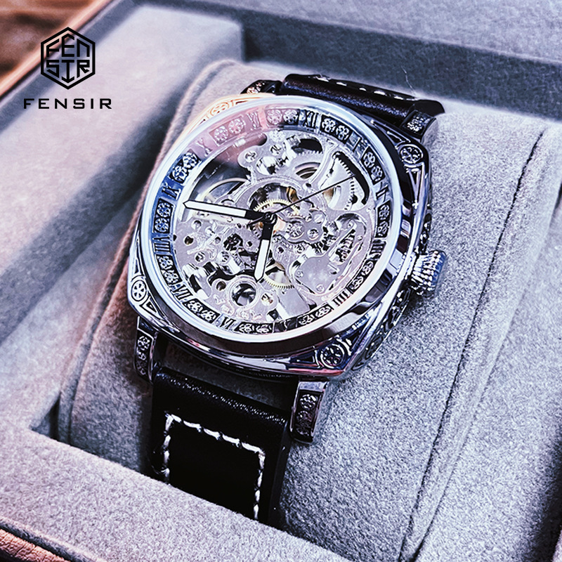 Embossed Stainless Steel Hollow-Out Fully Automatic Mechanical Watch Men's Watch Waterproof Luminous Temu Cross-Border Hot-Selling Factory Wholesale