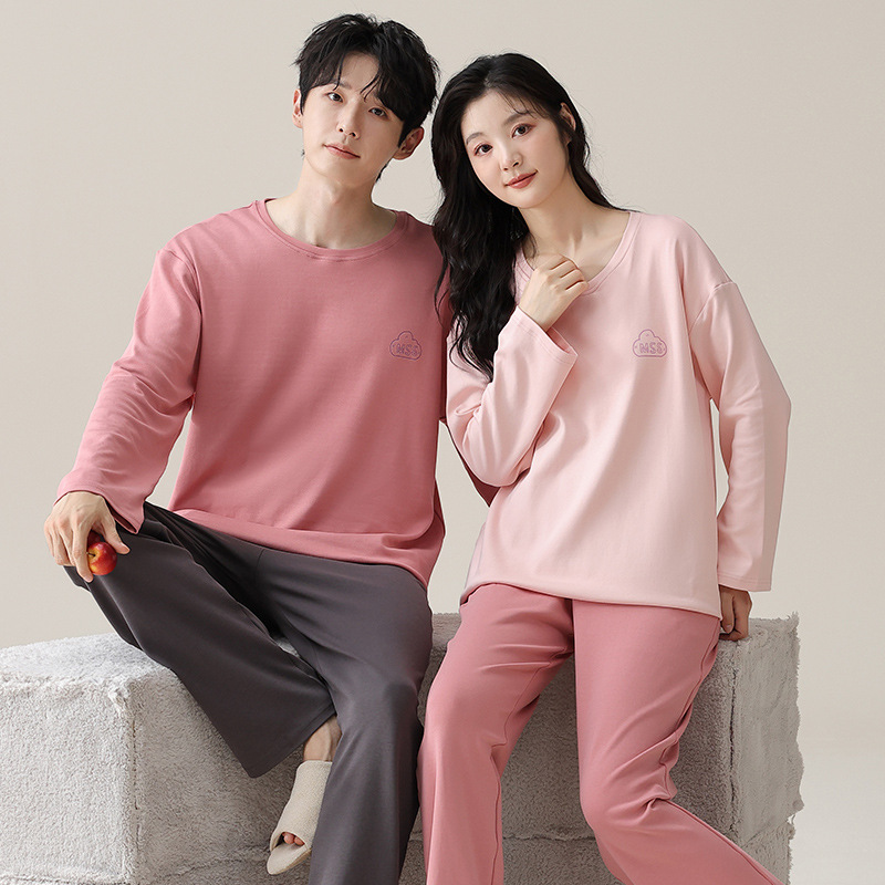 심플한 단색 커플 홈 의류 커플 스타일 홈 루즈 롱 캐주얼 슈트 투피스 슈트 여성 스타일 가슴 패드 포함