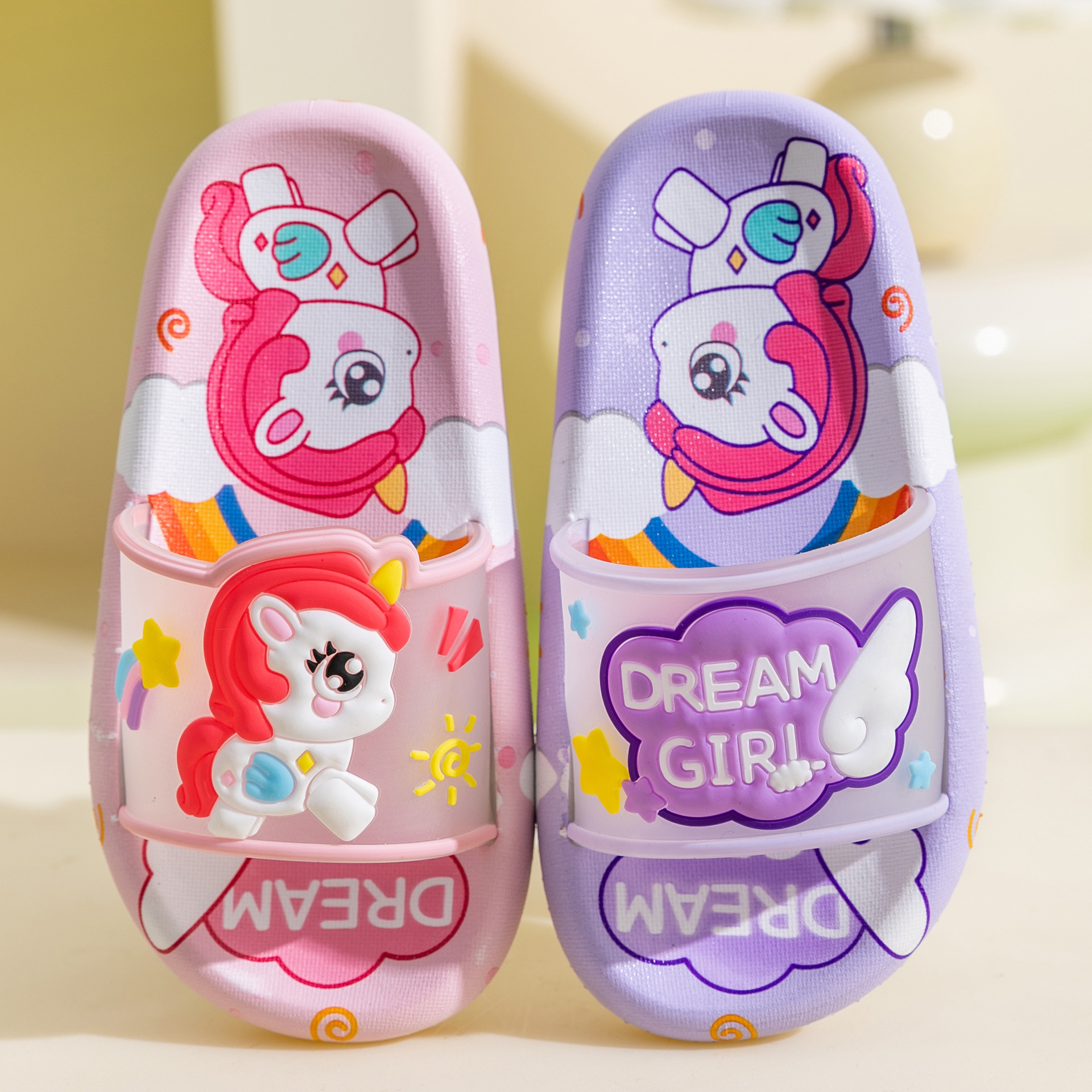 新款儿童拖鞋卡通可爱彩虹马PVC热转印一字拖童鞋现货一件代发
