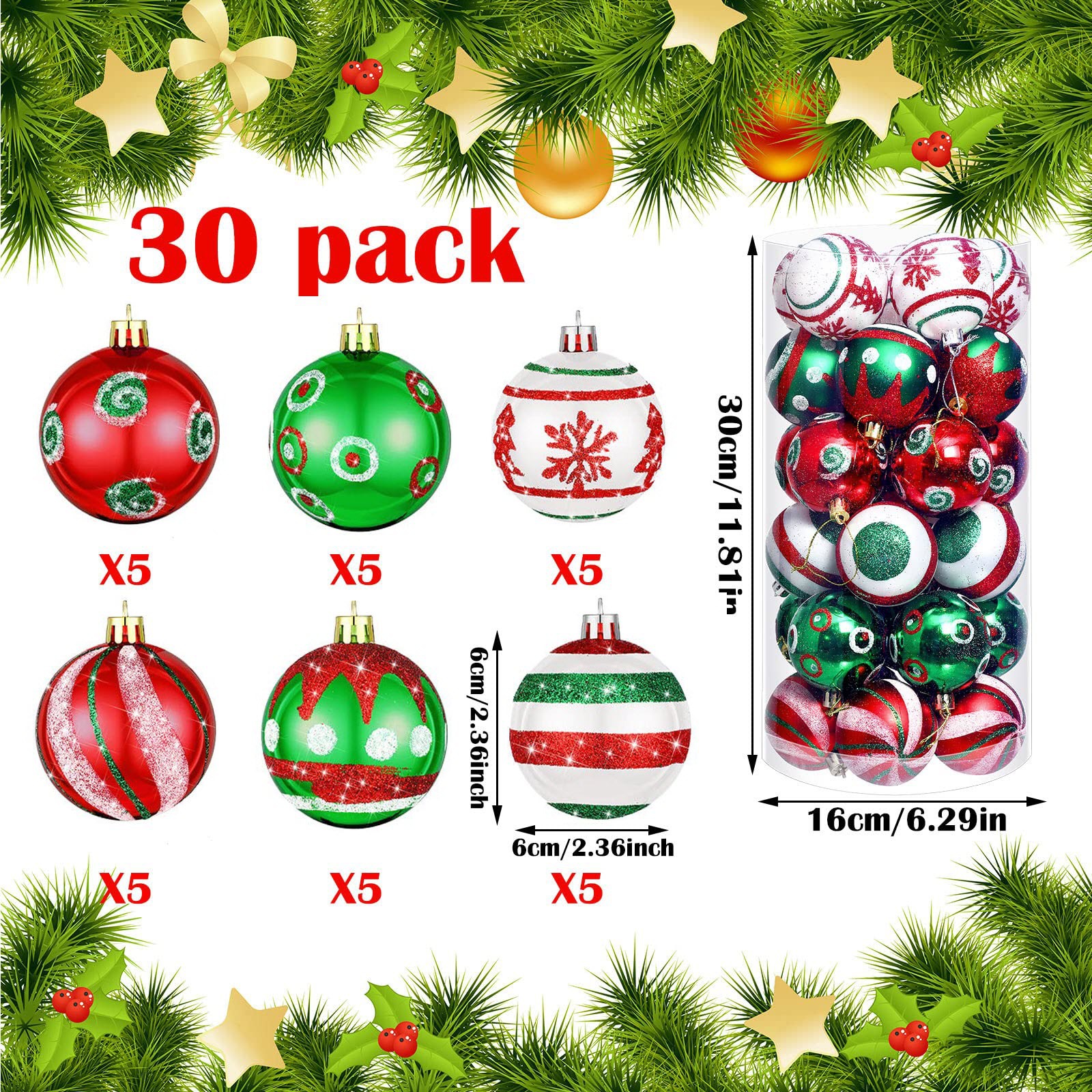 Inventario 6CM30 bolas de Navidad de plástico simulación de dulces rojo, verde y blanco pintado árbol de Navidad decoración colgante bola