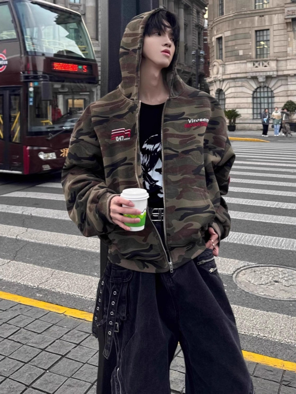 迷彩外套美式个性开衫连帽卫衣男士休闲宽松百搭时尚潮牌复古外套|undefined