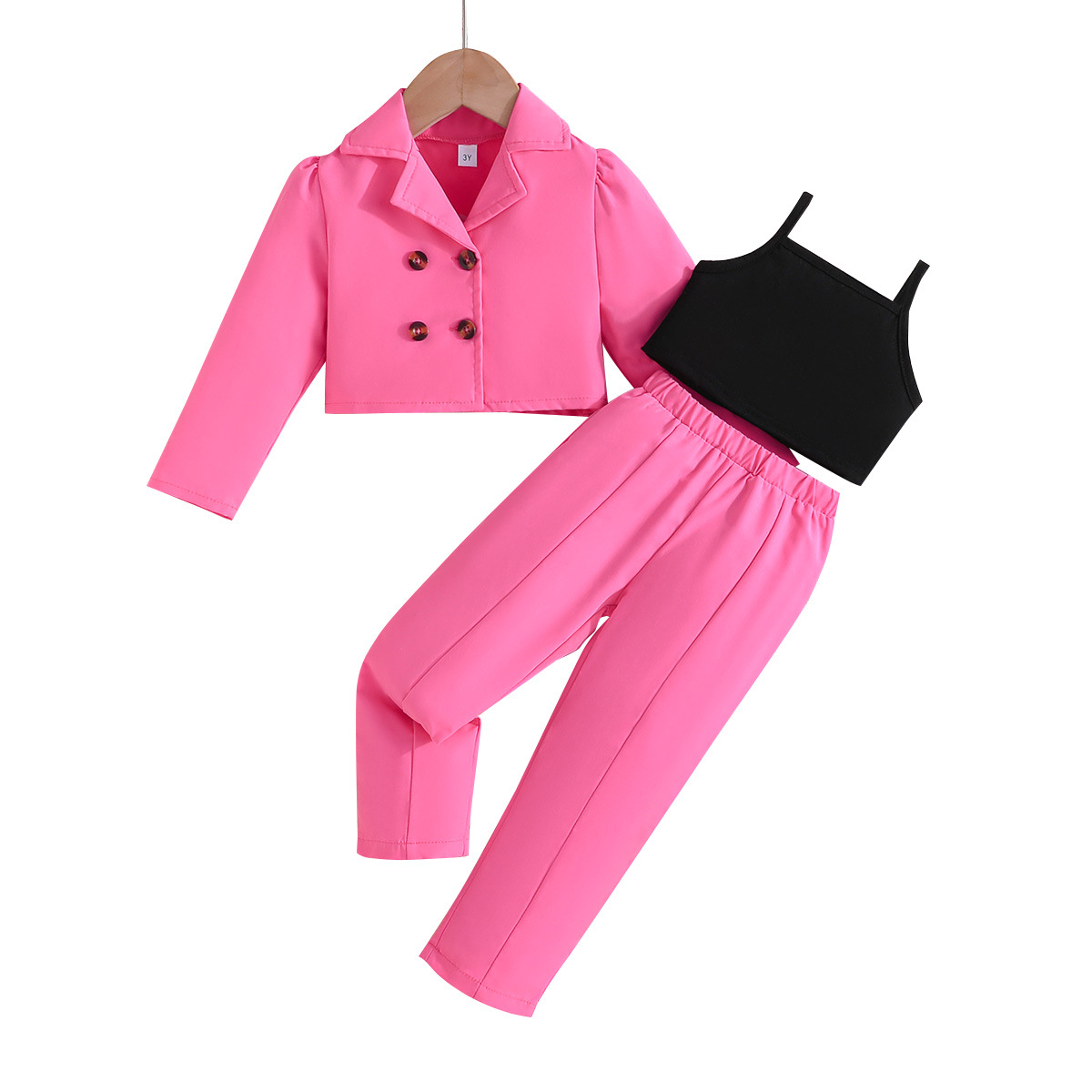 2024 Trendy INS Rose Red Small Formal Vest Pants Girls Three Piece Set_voghion.com