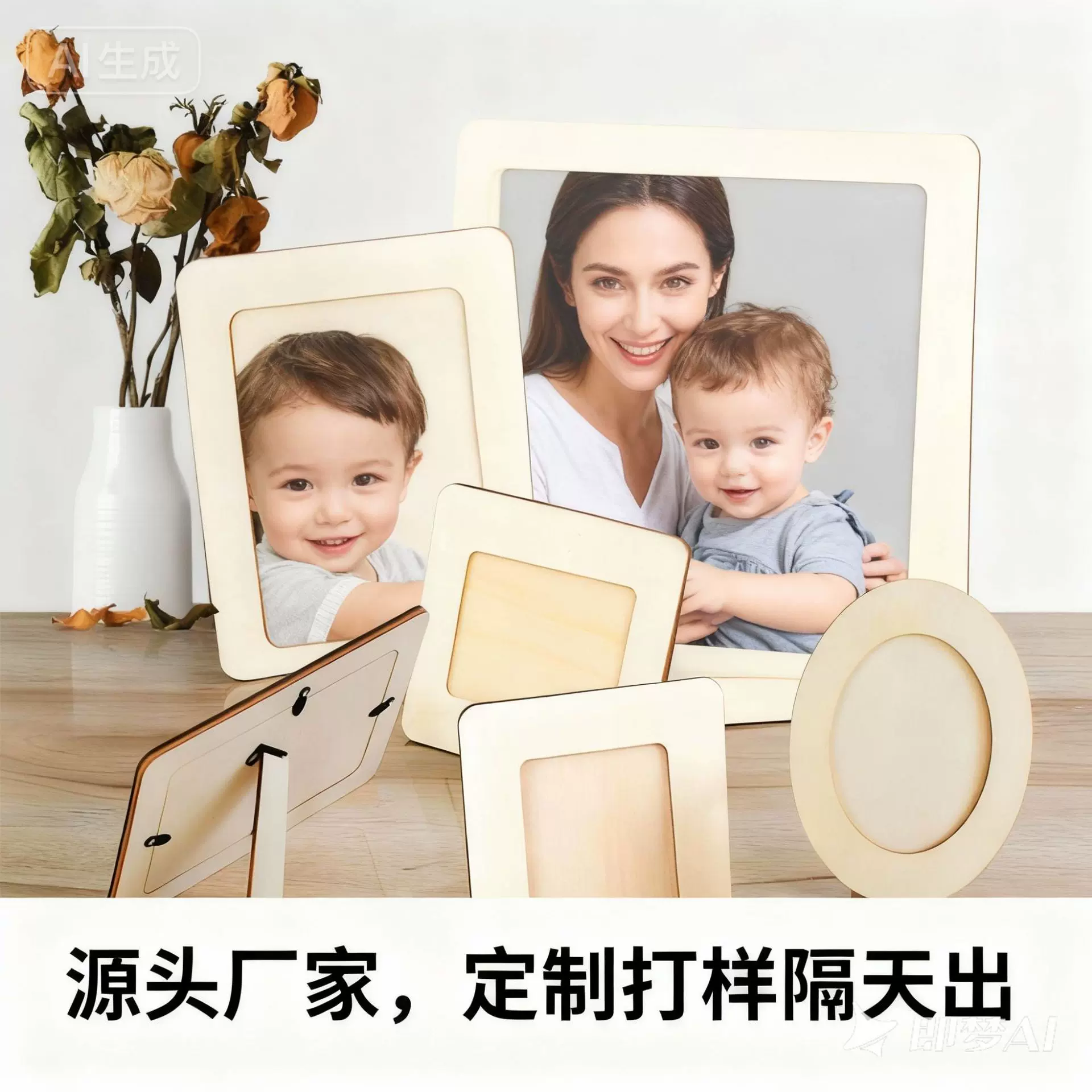 木质制雕相框工艺品DIY制作5寸椭圆片摆件底座实跨境挂亲子儿童材