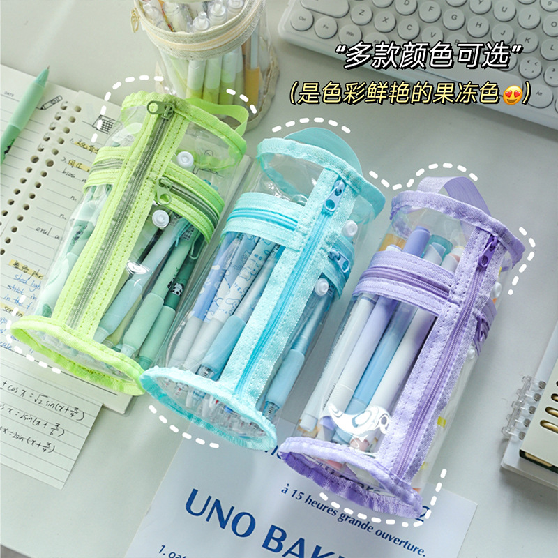 Bolsa de lápiz transparente para estudiantes de alto valor facial examen especial caja de papelería de gran capacidad caja de lápiz cilíndrica bolsa de papelería de niñas