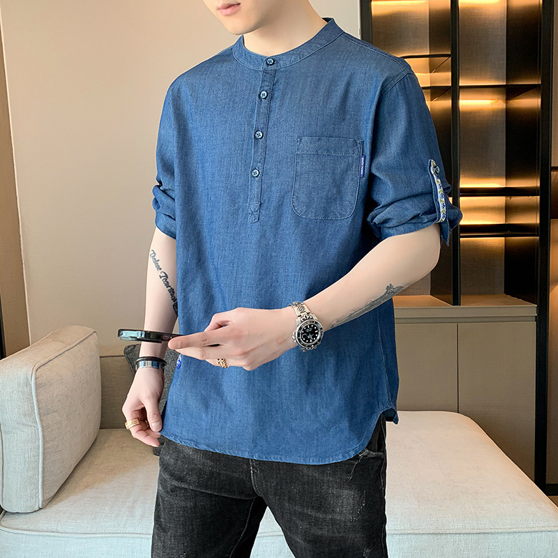 2025 Summer Stand Collar T-Shirt Chinese Style Large Size Retro Shirt Men's Trendy Fashion Quarter Sleeve Casual Top