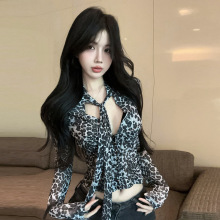 18YX6533欧美2026跨境外贸纯欲辣妹豹纹设计感镂空绑带长袖上衣女