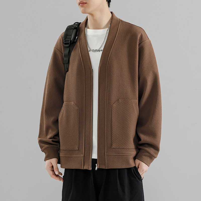 Men's Autumn and Winter Plus-Size Cardigan Jacket, Spring Japanese-Style Solid Color Zip-Up Jacket, Extra-Large Long-Sleeve Top