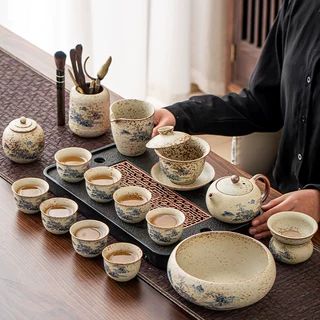 汝窑功夫茶具套装陶瓷盖碗茶杯家用中式泡茶高档商务礼品山水茶盘