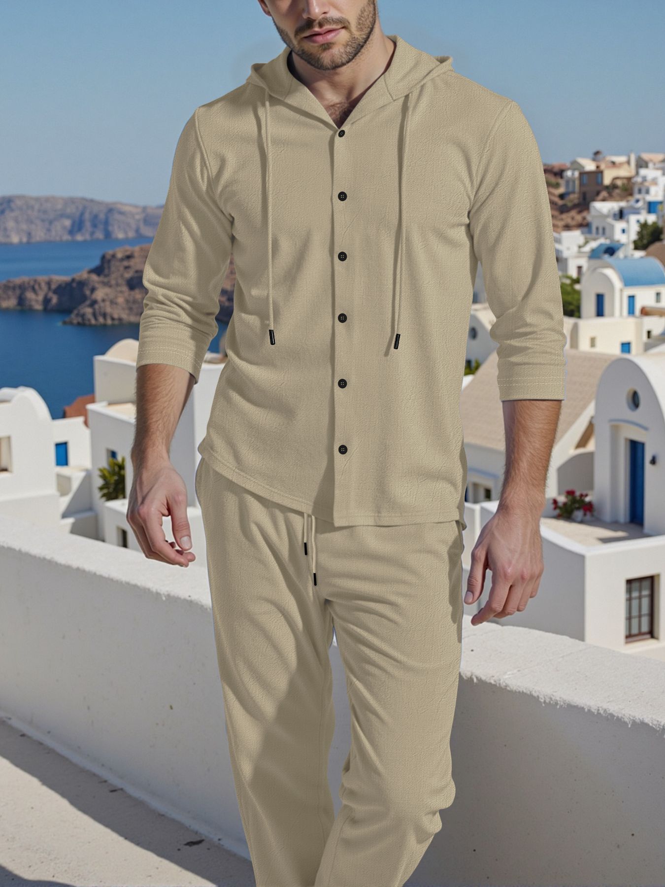 Men's Linen Hooded Shirt & Pants Set - Relaxed Fit Casual Outfit For Spring & Autumn (Beige/Gray, S-XXL) | Breathable Natural Fiber Lounge Wear_voghion.com