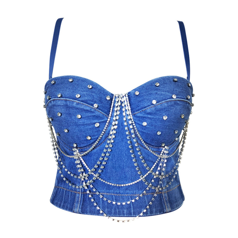 European and American Cross-border Fishbone Waist Tube Chest Rhinestone Chain Bead Corset Fashion Rock Denim Strap Outer Wear Chest Wrap