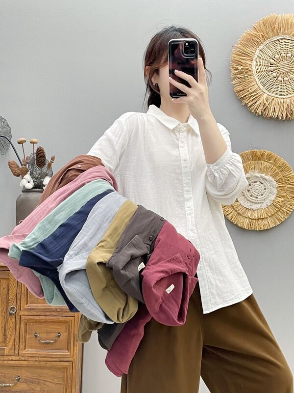 6602简约纯色双层棉纱长袖衬衣女 2025春秋新款休闲显瘦上衣 批发|undefined