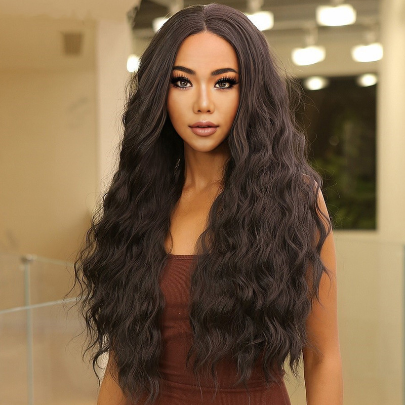 Women's Black Long Curly Synthetic Wig Full Head Center Part Small Curly Hair in Stock_voghion.com