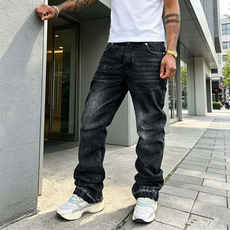 Cross-border bestseller men's jeans with raw hem, full street style, leg-lengthening effect, and unique back pocket embroidery Cross-border bestseller men's jeans with raw hem, full street style, leg-lengthening effect, and unique back pocket embroidery
