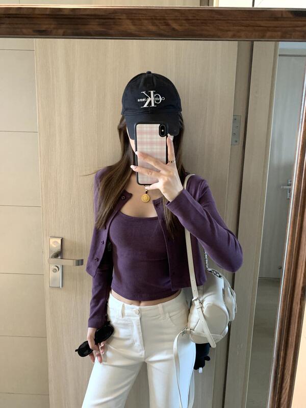 两件套开衫配吊带紫色针织衫女早秋穿搭韩系休闲短款百搭外搭上衣|undefined