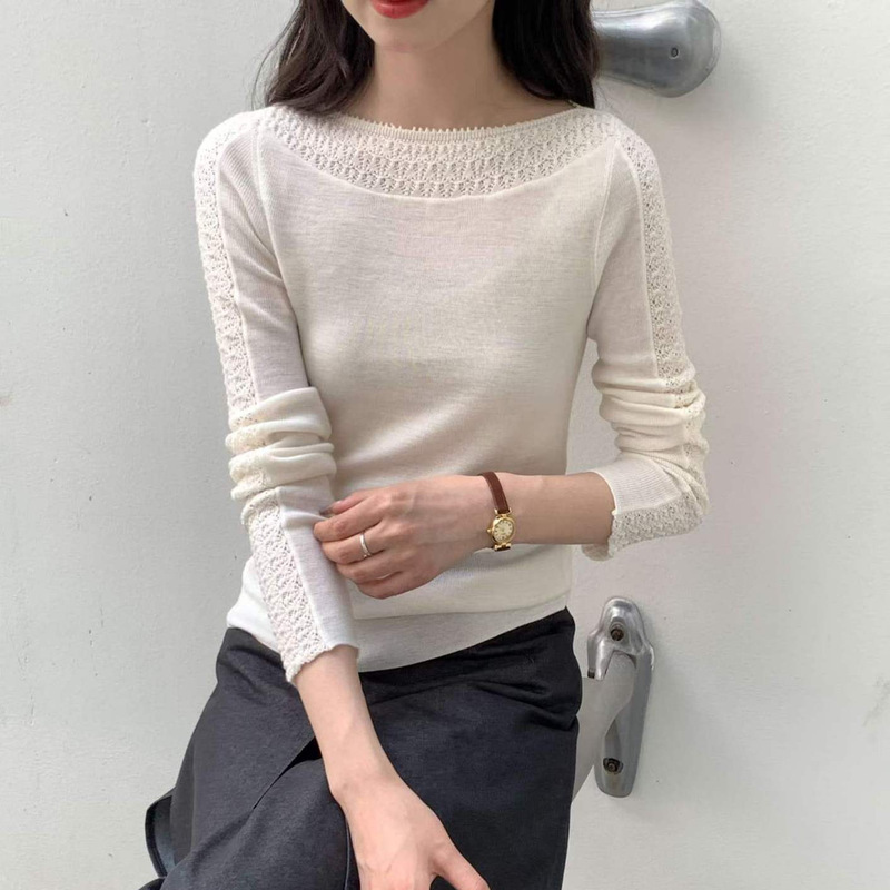 Machine washable Merino wool 60-count hollow pattern one-line collar fine-knit wool sweater for women, a best-selling item Machine washable Merino wool 60-count hollow pattern one-line collar fine-knit wool sweater for women, a best-selling item