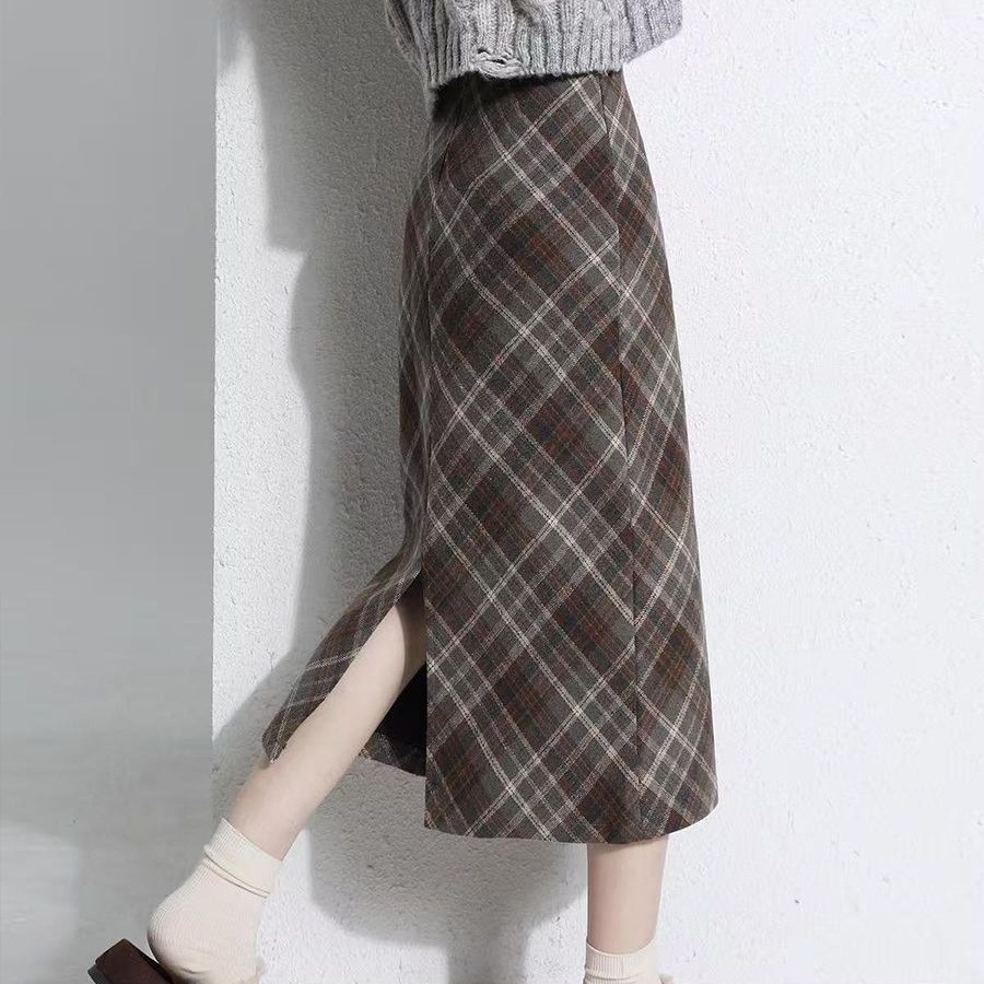 复古格子毛呢半身裙子女2025秋冬新款显瘦高腰一步中长款开叉长裙