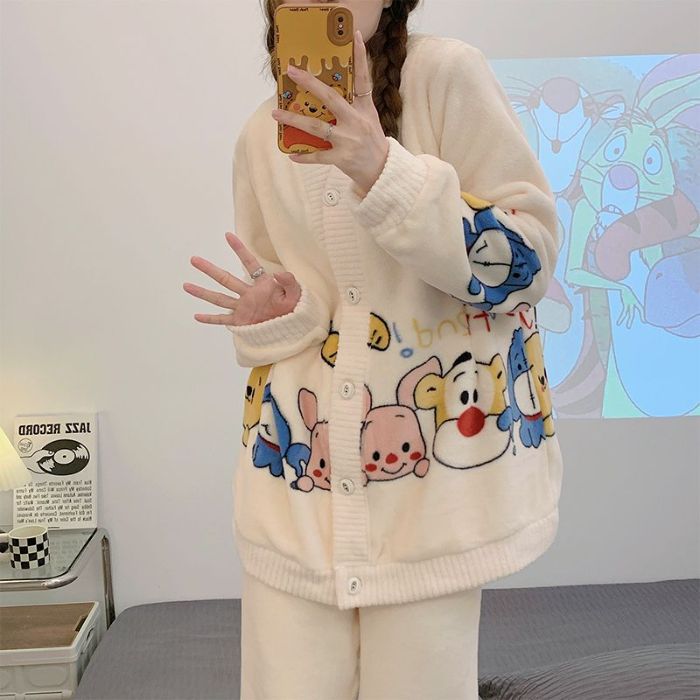 220 jin transfronterizos al por mayor tamaño M - 6XL pijamas de franela de invierno Cardigan con camisa de lana gruesa set de ropa para el hogar