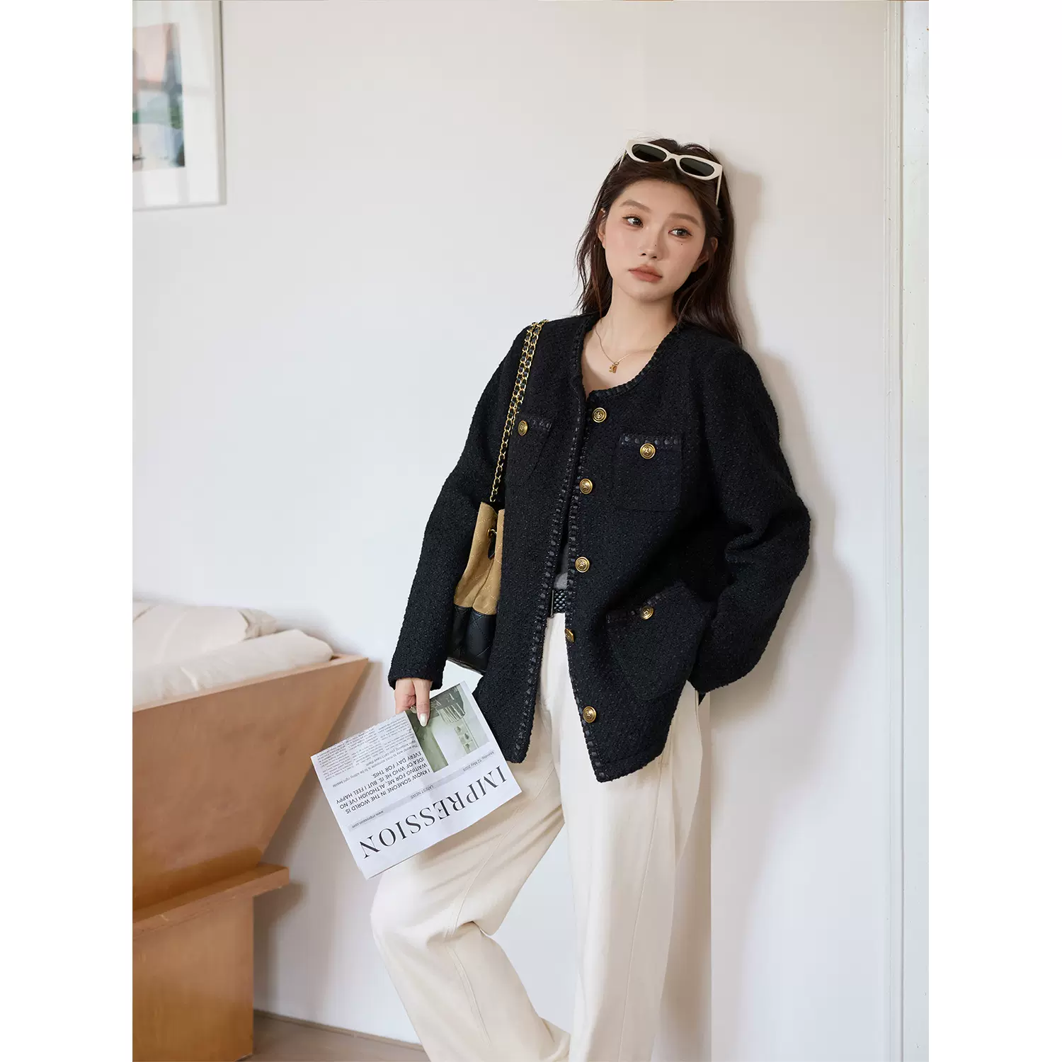 大码女装经典小香风夹克外套韩版休闲时尚气质英伦宽松粗花呢上衣