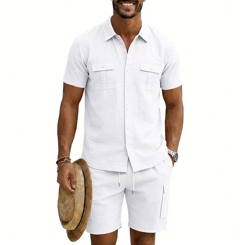 Men's Summer Linen Shirt And Work Shorts Set Casual Sports Outdoor Loose Fit Short Sleeved Collared Suit_viptrois.com