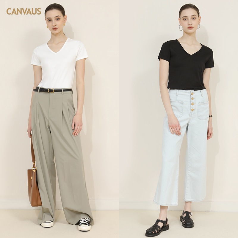 CANVAUS nueva camiseta de manga corta de algodón con cuello en V para mujer slim fit verano Xinjiang algodón textura bottoming camisa moda