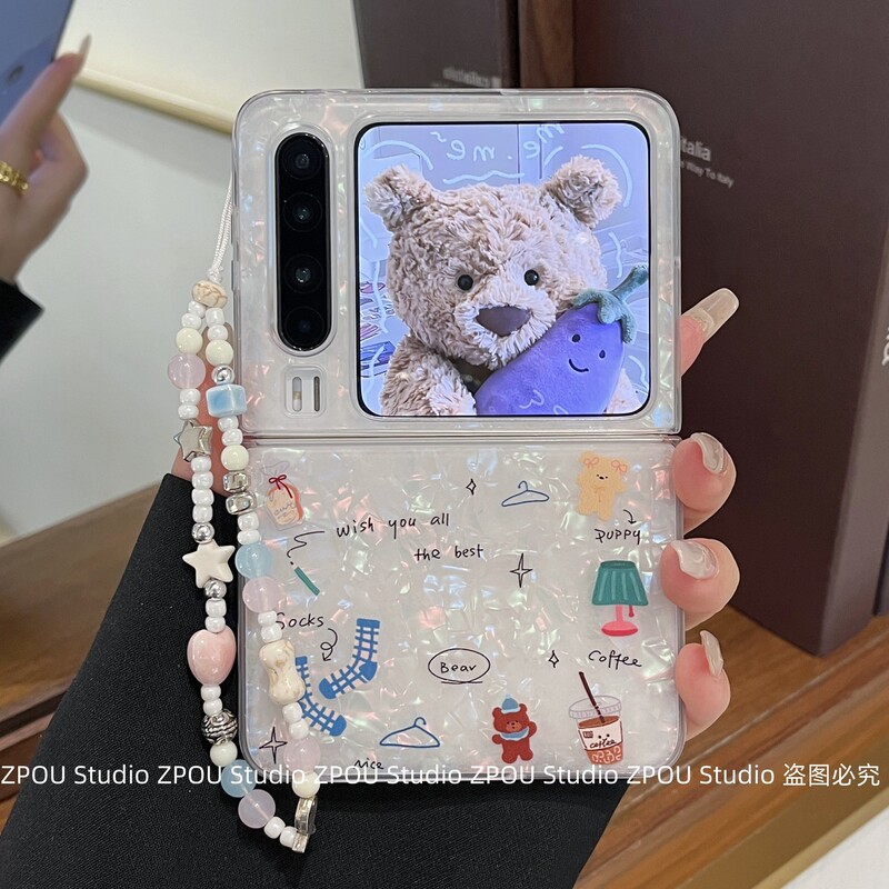 Suitable for Huawei Purax Collection Foldableing P50Pocket2 New Mobile Phone Case High-End Shell Pattern Cute Bear Glory Magicvflip Xiaomi Mixflip2 Lanyard Protective Cover Ins