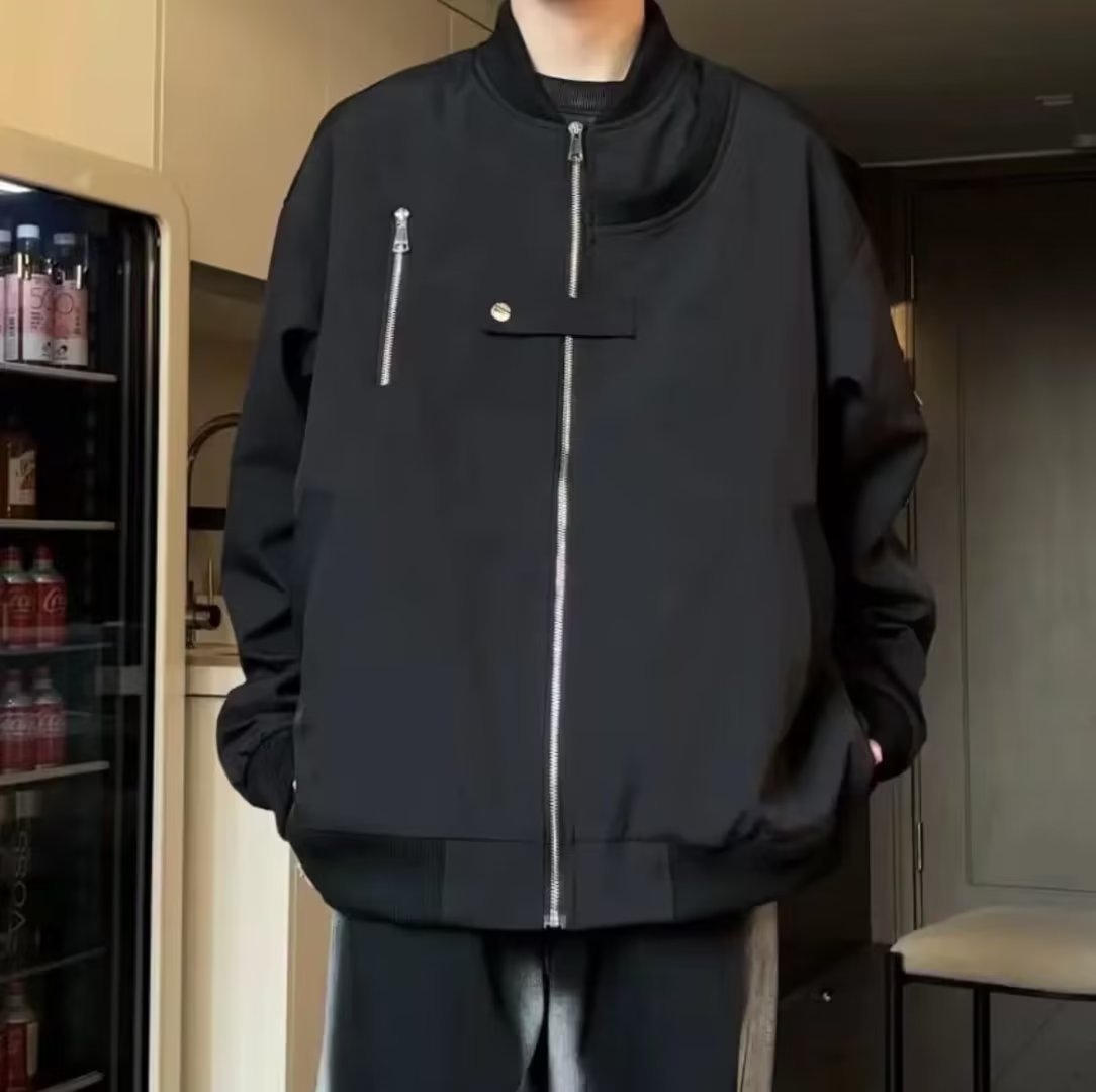 New retro zipper design, black pilot jacket, men's trendy and cool jacket, double layered thick top_voghion.com
