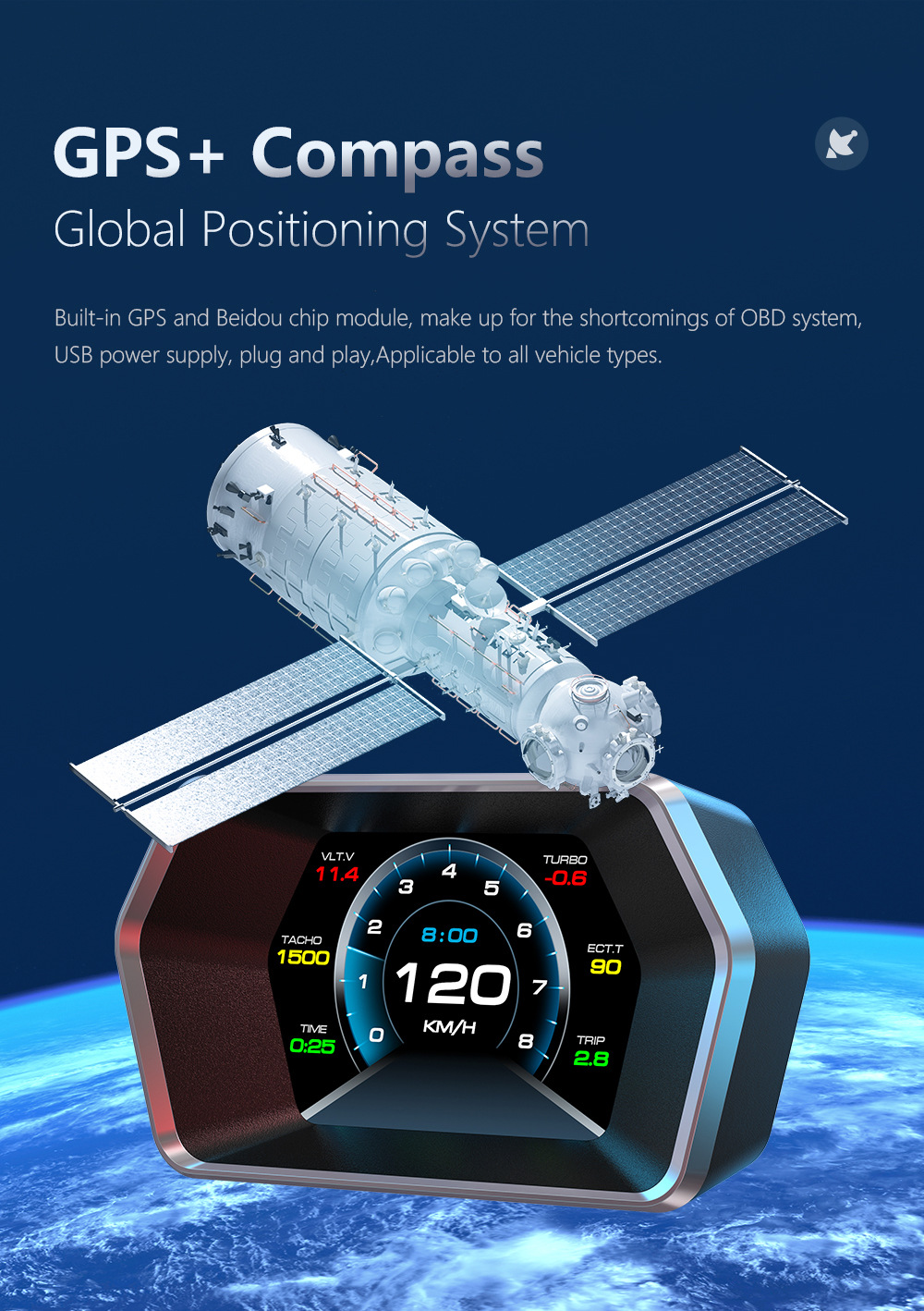 Cross-border HUD Head-Up Display OBD+GPS Car LCD Speedometer RPM Fuel Consumption Water Temperature Multi-Function Dashboard