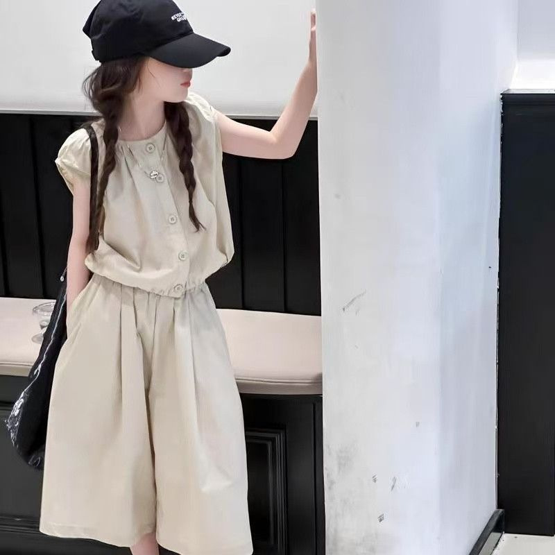 Traje de verano para niñas 2025 nuevo estilo estilo occidental, chaleco sin mangas de moda para niños grandes, pantalones anchos casuales para niños, marea