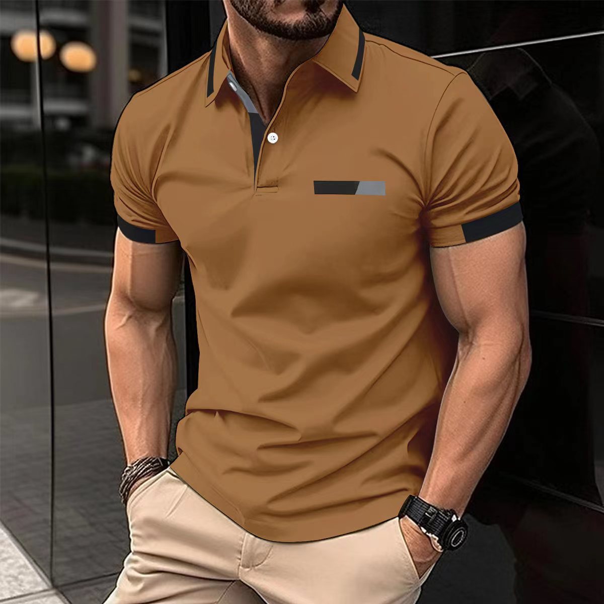 Amazon nuevo transfronterizo de los hombres de la camisa de polo ocasional pecho falso bolsillo solapa botón de negocios camiseta superior de los hombres