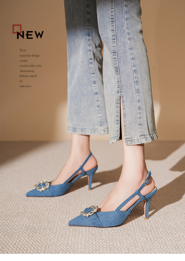 7755-5 Denim Blue Style Belt Buckle Closed Sandals Front Open Back Thin Heel High Heels Commuting_voghion.com