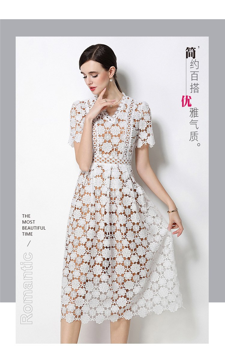 Đầm maxi nữ cổ V ren thắt eo tay ngắn họa tiết rỗng — màu đen, Rượu vang đỏ, màu hồng đậm, màu trắng chi tiết 75