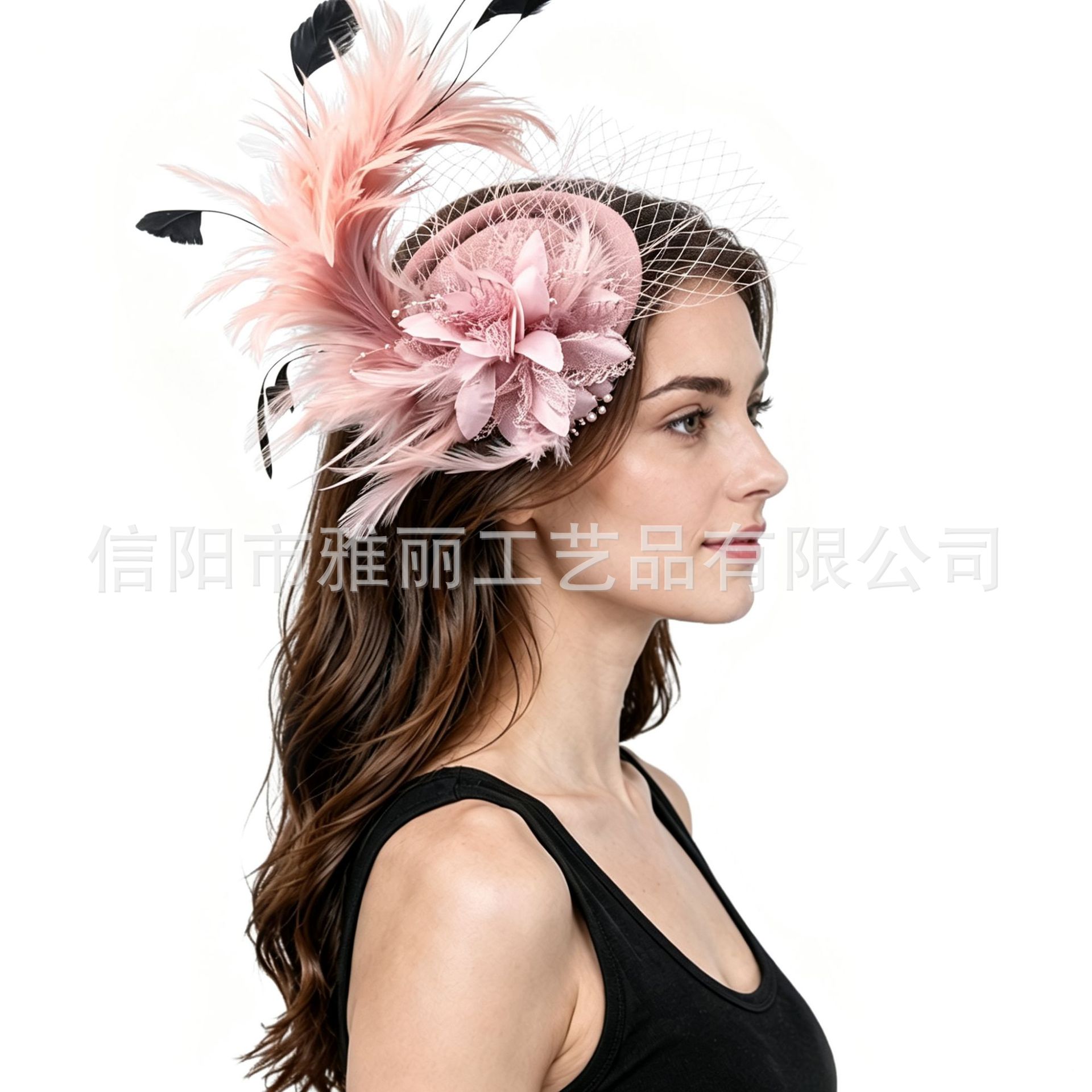 Amazon Mesh Artificial Flower Small Hat European and American Fashion Exaggerated Feather Headpiece for Ballroom Performance Women's Hair Accessory