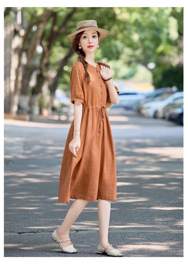 Đầm maxi nữ thắt eo cotton linen 2025 form rộng thanh lịch — màu sắc, Xanh lông mòng đen chi tiết 4