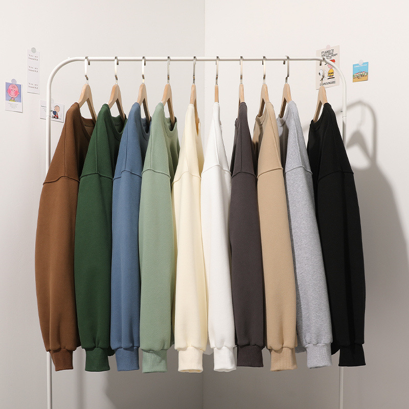 Clearance solid color round neck fleece-lined sweater men's spring and autumn trendy factory loose all-match couple hooded pullover top