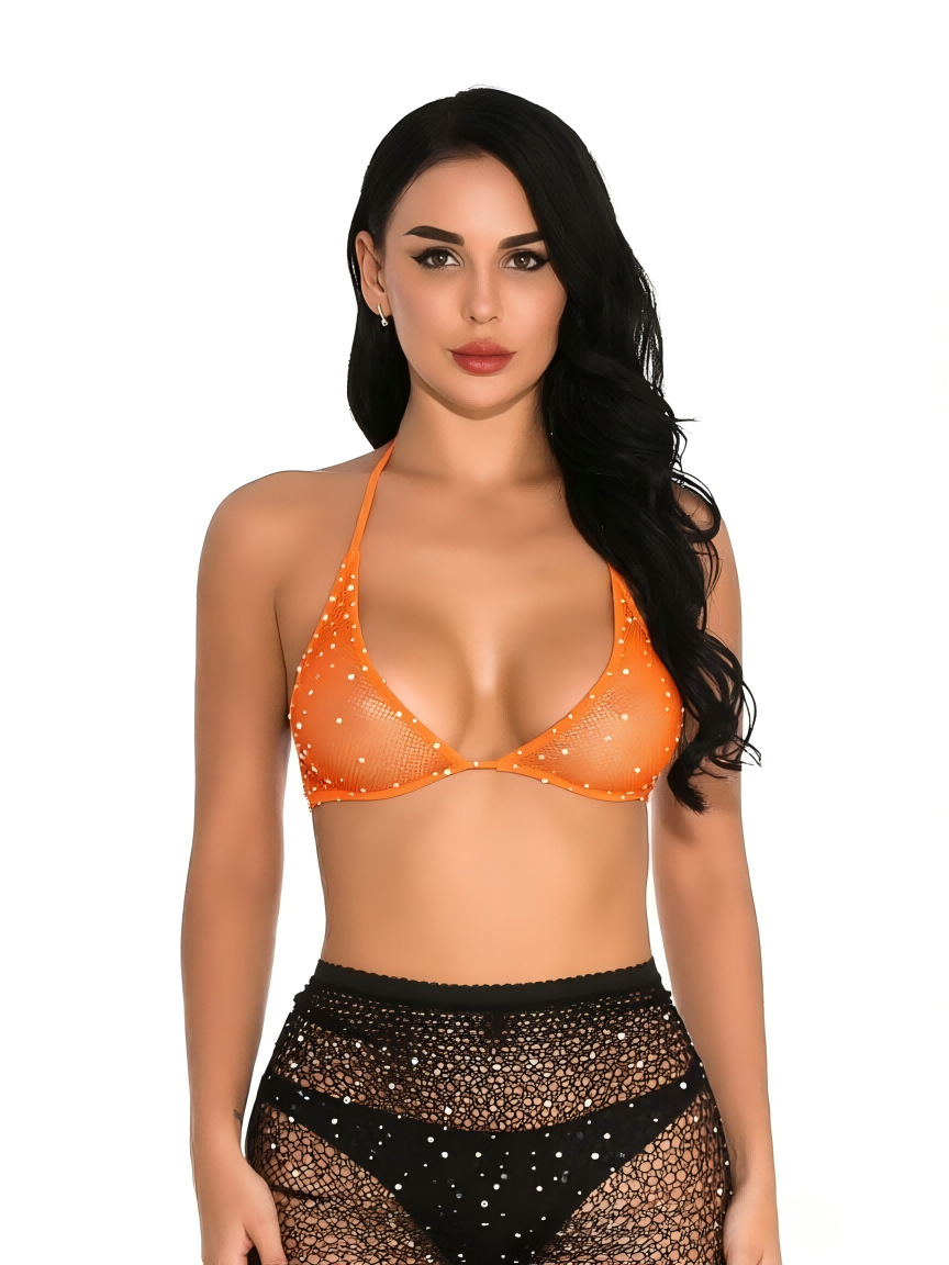 Conjunto de Lencería Body de Malla W48 de Nailon y Spandex con Pedrería para Citas en Pareja