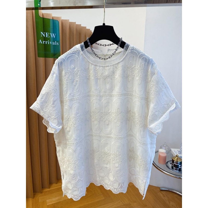 ブルー高级感レースブラウスレディース半袖トップス夏2025新作ゆるい刺繍ブラウスtシャツ洋風ブラウス|undefined