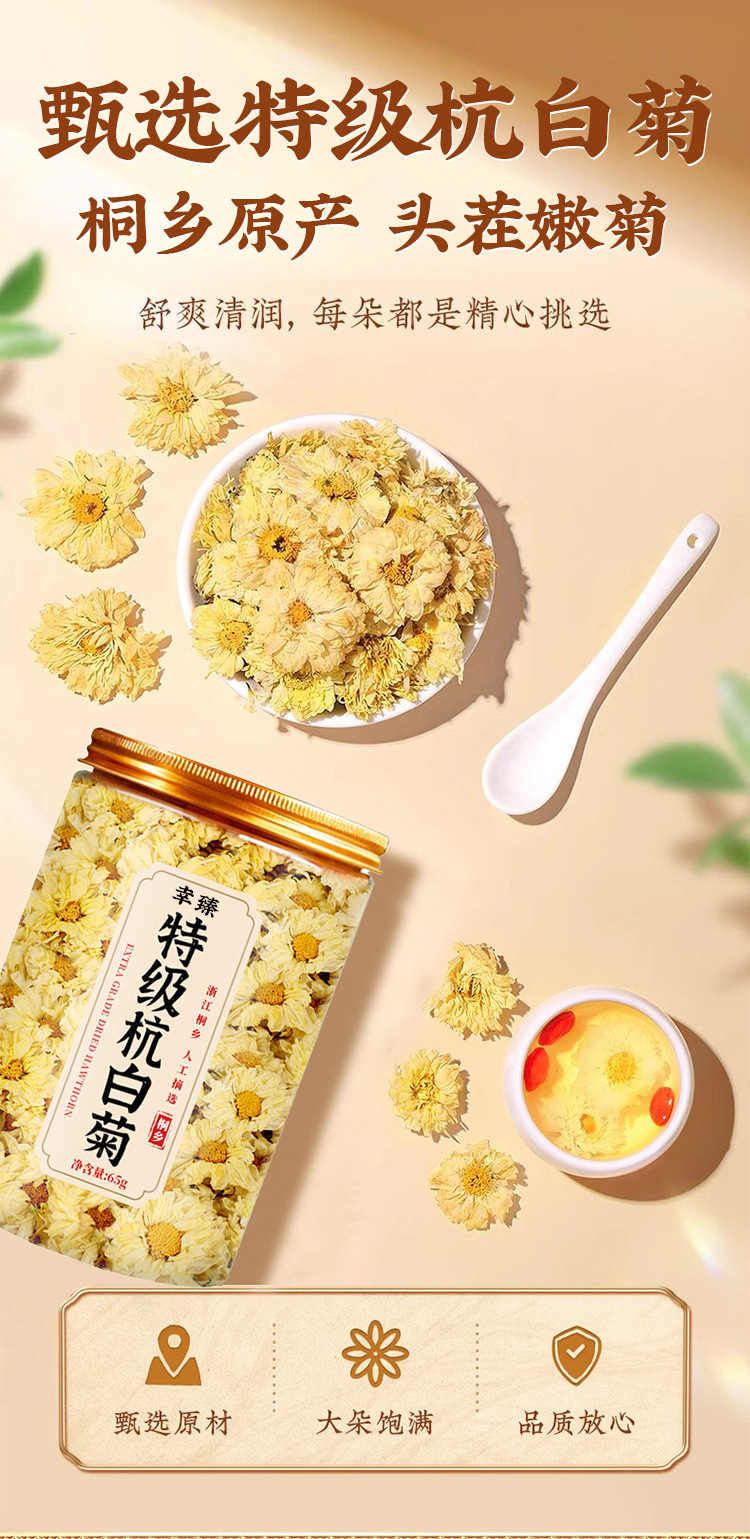 Premium Hangzhou White Chrysanthemum Flower Tea Tai Ju Dried Buds 65g Canned overview