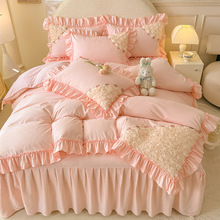 跨境速卖通欧式磨毛立体玫瑰花蕾丝韩版床罩三四件套纯色床裙批发