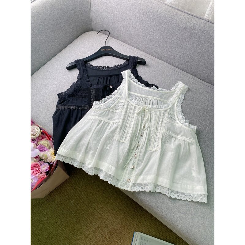 Romantic Girly Style~2-Color French Lace Embroidered Lace Sleeveless Vest for Women with Tie-Up Pleated Elegant Camisole Top Romantic Girly Style~2-Color French Lace Embroidered Lace Sleeveless Vest for Women with Tie-Up Pleated Elegant Camisole Top