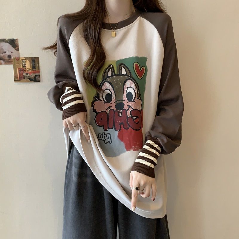 Plus Size Inner with Velvet Cartoon Print Raglan Long-Sleeved T-Shirt for Women Autumn and Winter 2024 New Loose Slimming Look Top for Women