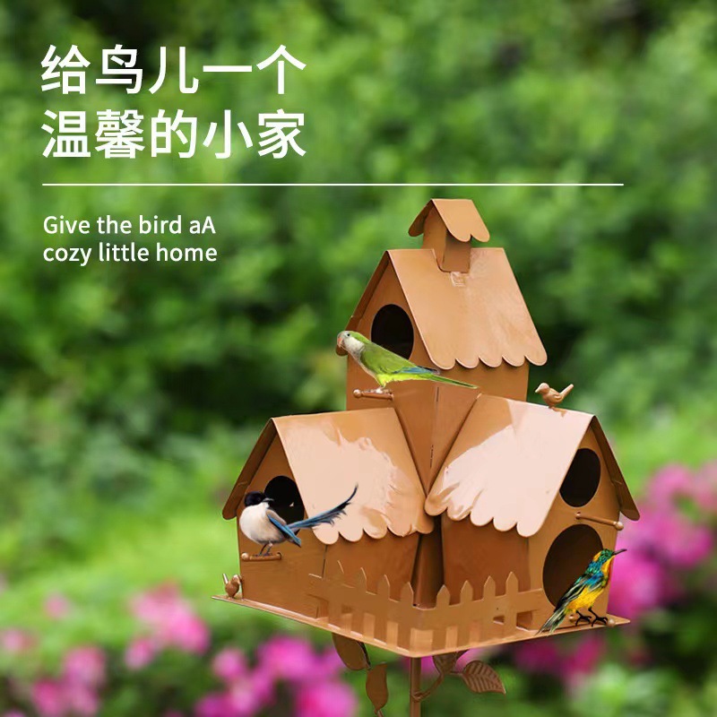 跨境大版鸟屋鸟舍户外庭院金属摆件铁艺鸟笼花园鸟房子插件装饰品