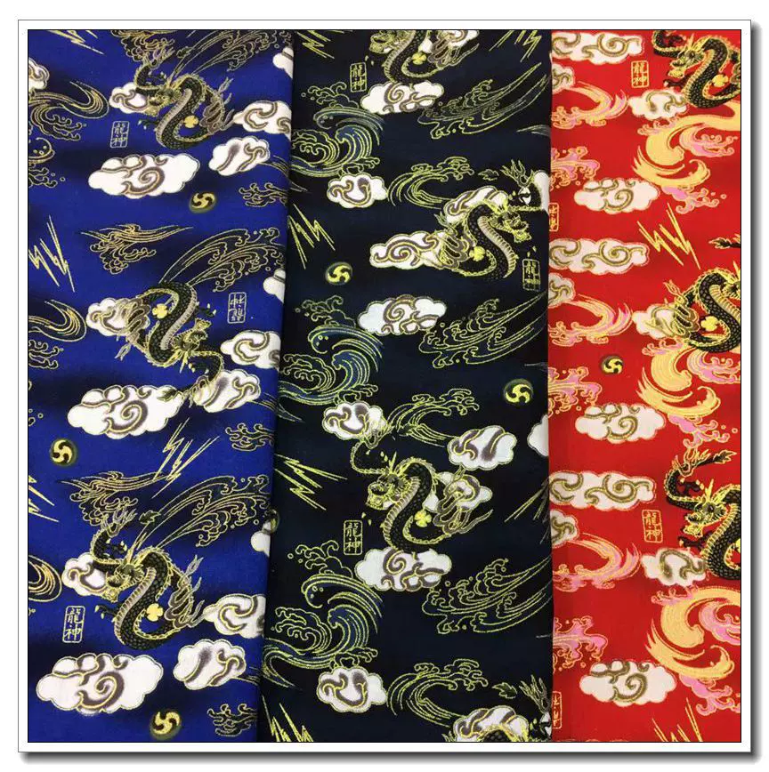 现货供应全棉纯棉日和风唐装龙平纹烫金布料和服汉服面料批发