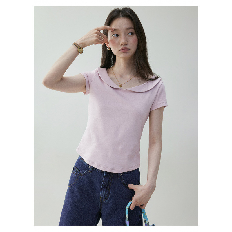 2025 New Solid Color Peter Pan Collar T-Shirt Women's Summer Easiest for Match Casual Casual Top