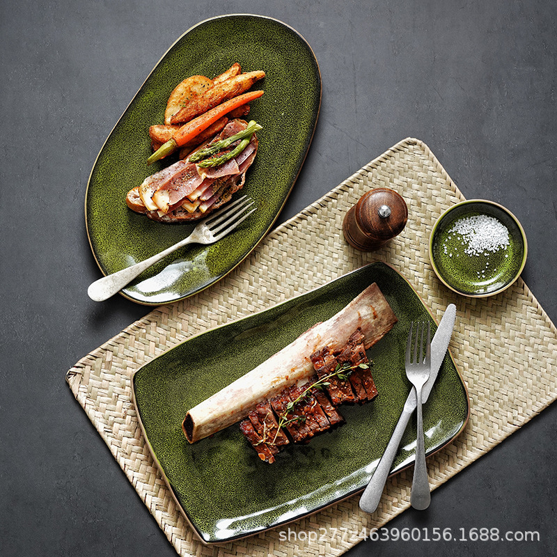 Ceramic Special-Shaped Oval Plate Olive Green Retro Household Steamed Fish Plate Square Large Dish Plate Restaurant High-End Presentation Plate