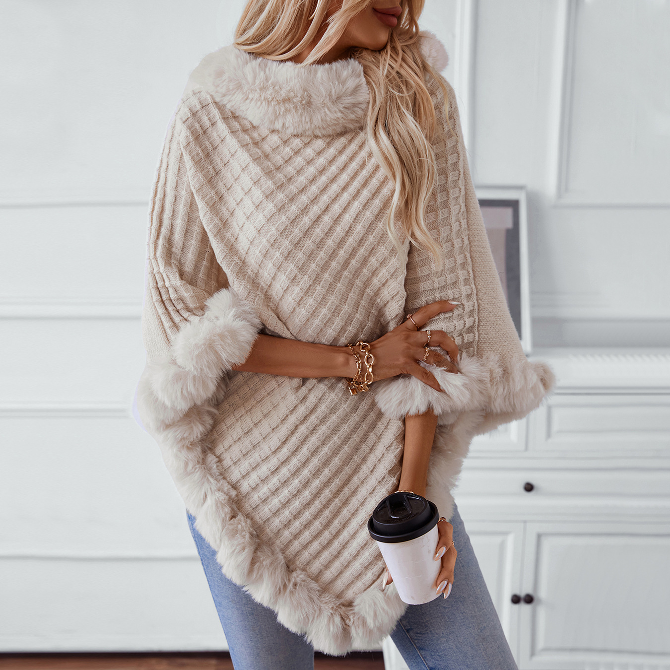 Pulôver de gola de pele de cor sólida, suéter europeu e americano feminino, outono e inverno, capa de malha xadrez vintage grossa_voghion.com