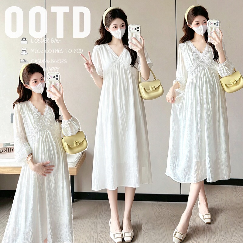 Maternity wear 2026 new model, clear and simple, elegant long dress, summer wear for early pregnancy