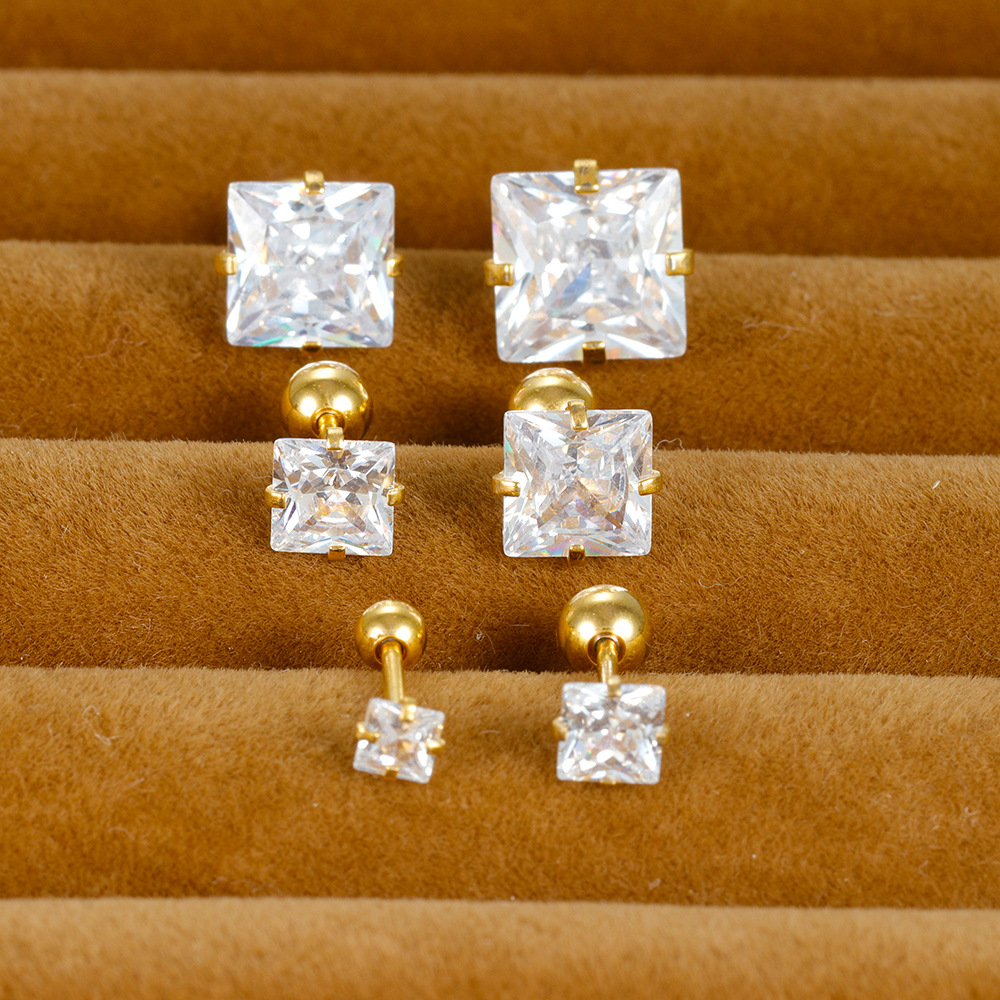 5g Weight straight barbell Piercing needle type Zircon Inlay Material Ear Studs Classification 1 Piece Quantity Daily, Street Occasion Stainless Steel Material Square Pattern Women's Gender Plating, Inlay Design Simple Style Style 1 Piece Simple Style Square Plating Inlay Stainless Steel Zircon Ear Studs 3
