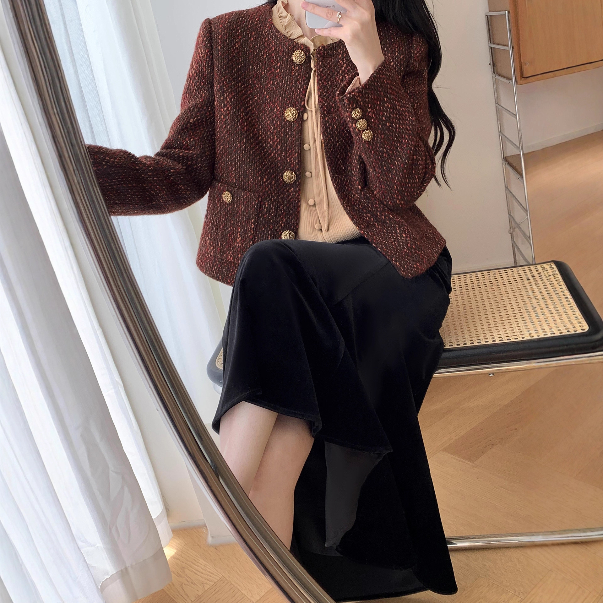 French-Style Wool Tweed Chanel-Style Jacket for Women, Autumn Short Top for Petite Figures